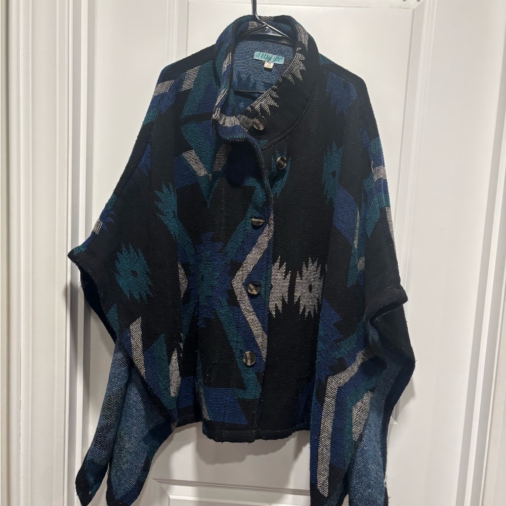 Black and Blue Geometric Poncho